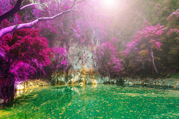 wonderful crater lagoon in thailand, lom pu keaw lagoon lampang - obrazy, fototapety, plakaty