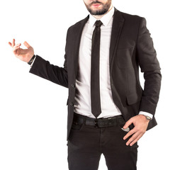 Hipster man in a classic suit isolated on white background.