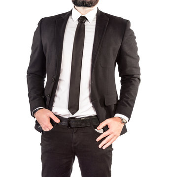 Hipster man in a classic suit isolated on white background.