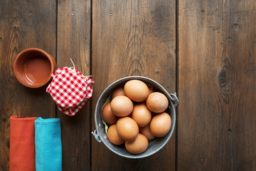 Food and kitchen equipment on picnic table
