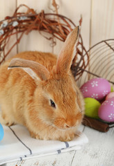 Cute red rabbit with Easter eggs on shelf, closeup
