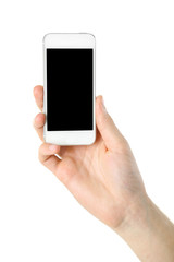 Hand holding mobile smart phone isolated on white