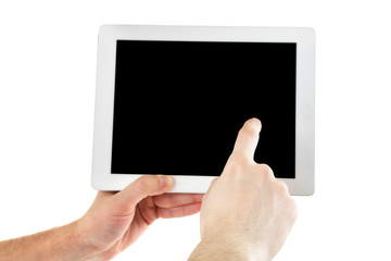 Male hands holding digital tablet isolated on white