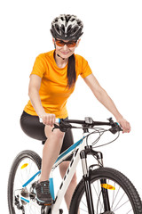 Fototapeta na wymiar Attractive adult woman cyclist isolated on white background, stu