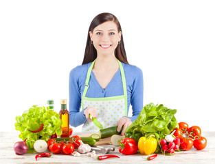 Young happy woman preparing salad, healthy food and diet concept.