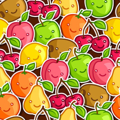 Seamless pattern with cute kawaii smiling fruits stickers