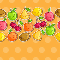 Seamless pattern with cute kawaii smiling fruits stickers