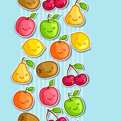 Seamless pattern with cute kawaii smiling fruits stickers