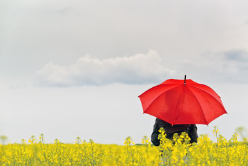 Person with Red Umbrella Standing in Oilseed Rapeseed Field