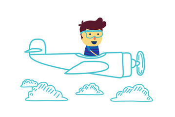 Pilot kid flying in the air cartoon