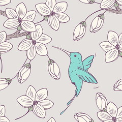 Cotton fabric Hand drwn seamless psttern with colibri bird and flowers