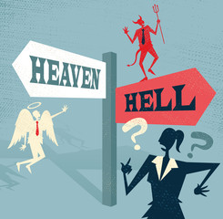 Abstract Businesswoman at Heaven and Hell Signpost.