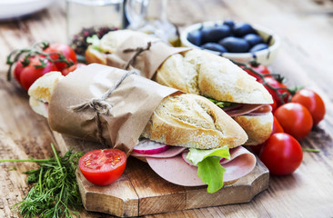 Ciabatta Sandwiches with Mortadella Ham, Lettuce and Radish Slic
