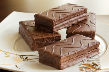 Sponge cake with chocolate on the plate