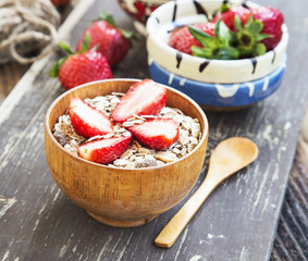Breakfast with Muesli and Strawberry Fruits