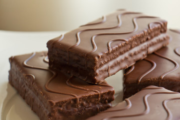 Sponge cake with chocolate on the plate