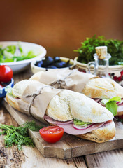 Ciabatta Sandwiches with Mortadella Ham, Lettuce and Radish Slic