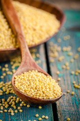 organic millet seeds in a wooden spoon closeup