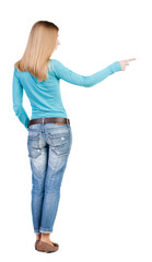 Back view of  pointing woman.