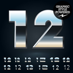 Vector set of glossy and shiny metal steel font. Numbers 1 2