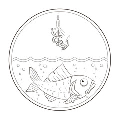 Fishing. Fish in water and fishhook. Vector illustration.