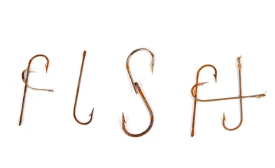 Fotobehang Word FISH composed of old rusty fish hooks © BSANI