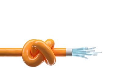  3d image of a fiber optic cable with a large knot. telecommunications problem, slow internet connection problematic.