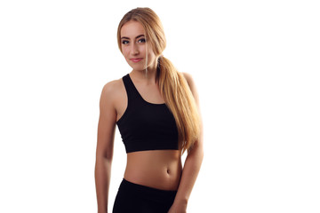Obraz premium Beautiful slim body of woman, smiling athlete