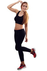 picture of beautiful athletic woman in sportswear white backgrou