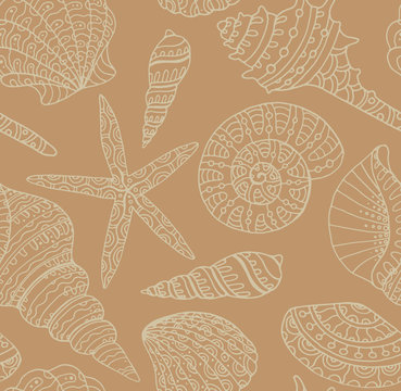 Vector seamless pattern with seashells.