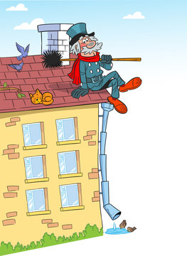 Cartoon Chimney Sweep On Roof