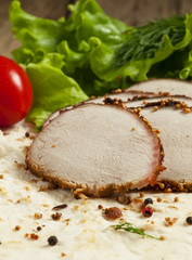 baked meat and pita bread, selective focus