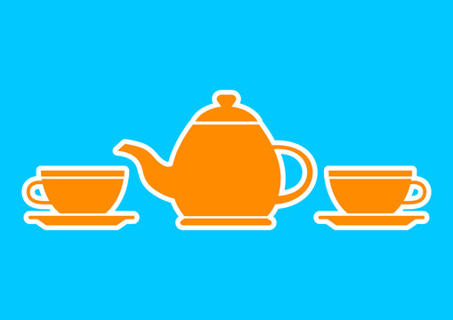 Orange teapot and teacup on blue background