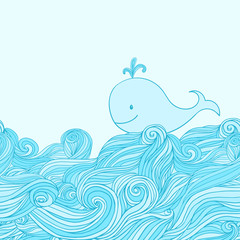 Fototapeta premium Blue cute whale in the sea waves.