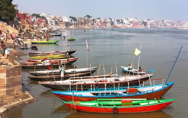 View of Varanasi with boats on sacred Ganga River