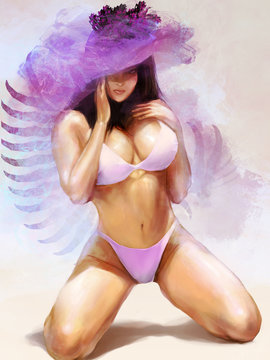 Pink bikini anime style sexy woman sitting pose.