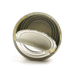 Tin with open lid top view isolated on the white background