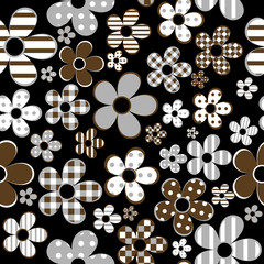 Seamless with patterned flowers over black background