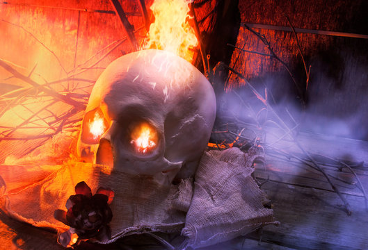 Skull with cloth and fire angle view.