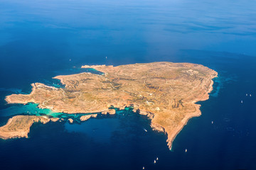 Comino Island aerial bird view