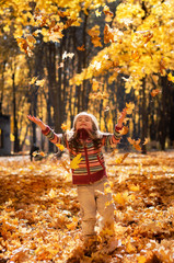 Little happy girl throws up fallen leaves