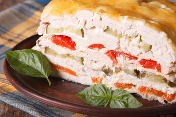 Cut chicken pie with vegetables on a plate macro. horizontal