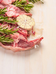 Raw double lamb loin chops meat with ingredients