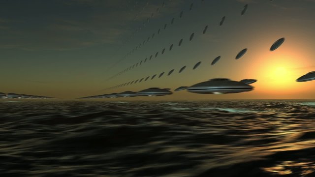 UFO Array flying in formation over a wavy sea in sunset
