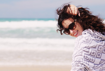 beautiful woman walking on seaside