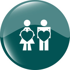 heart on woman and man hands web button, icon woman