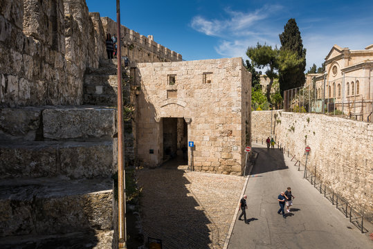 Zion gate view from Ramparts Walk in Jerusalem