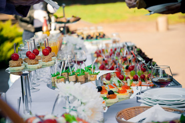 a lot of cold snacks on buffet table, catering