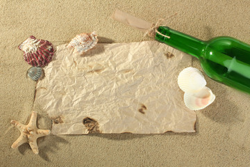 Holiday greetings sent as a message in a bottle on a beach