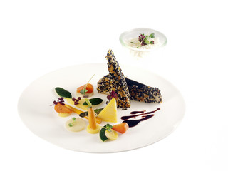 fried bean curd with black and white sesame seeds